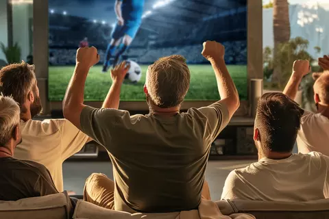 Männer sitzen jubelnd vor Leinwand und schauen Fußball - Kein Tor verpassen dank Prostagutt duo