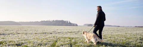 Mann geht mit einem Hund an der Leine auf einem Feld spazieren