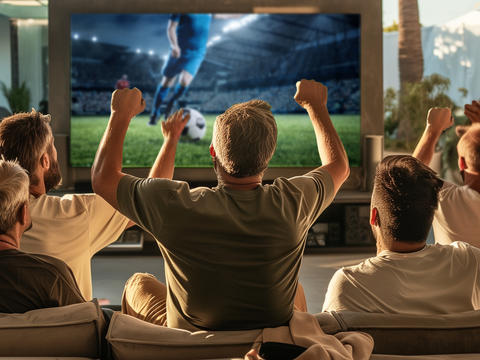 Männer sitzen jubelnd vor Leinwand und schauen Fußball - Kein Tor verpassen dank Prostagutt duo