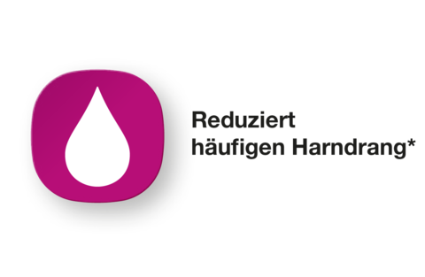 Tropfen Icon. Schriftzug: Reduziert häufigen Harndrang